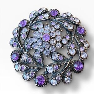 Vintage Purple Rhinestone Wreath Brooch Antiqued Gold Tone Floral